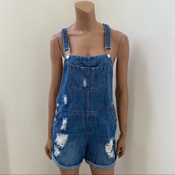 Mango Medium Wash Blue Denim Distressed Overalls M - Picture 4 of 10